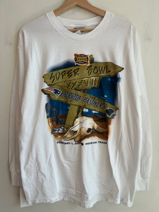 2003 Panthers vs Patriots Super Bowl White Long Sleeve Shirt (L)