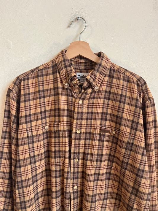 00s Carhartt Brown Striped Essential Flannel Shirt (M)