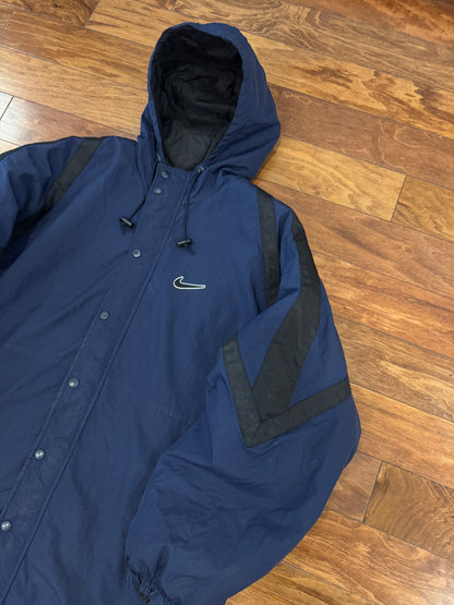 90s Nike Navy Big Swoosh Parka Puffer Jacket (L)
