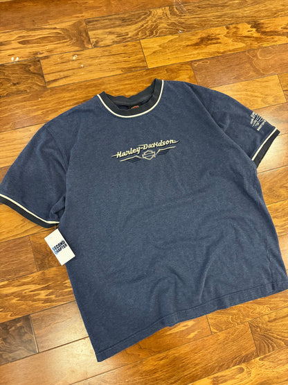 00s Harley Blue Embroidered Ringer Tee (XXL)