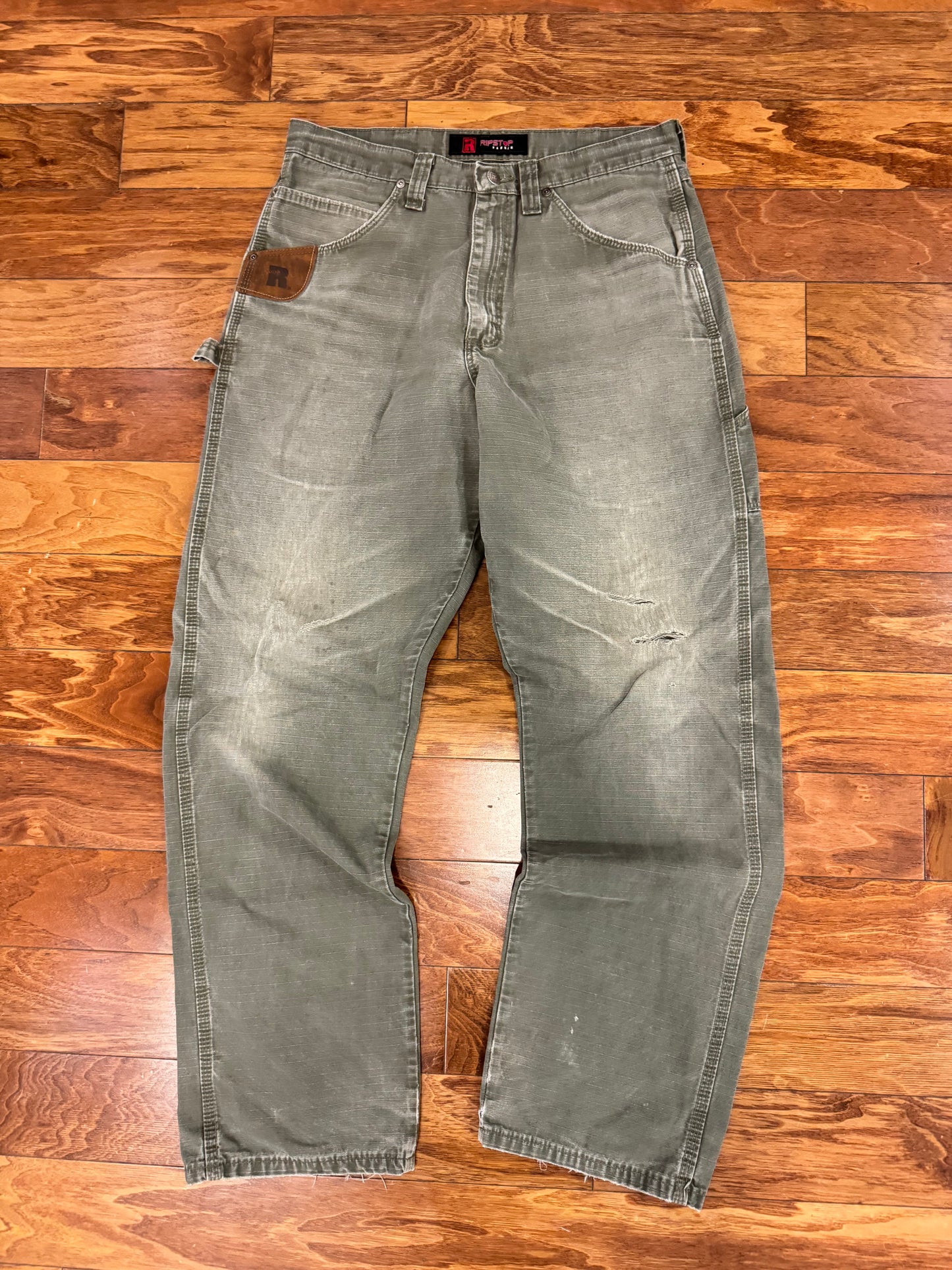 00s Wrangler Riggs Distressed Olive Carpenter Pants (34 x 34)