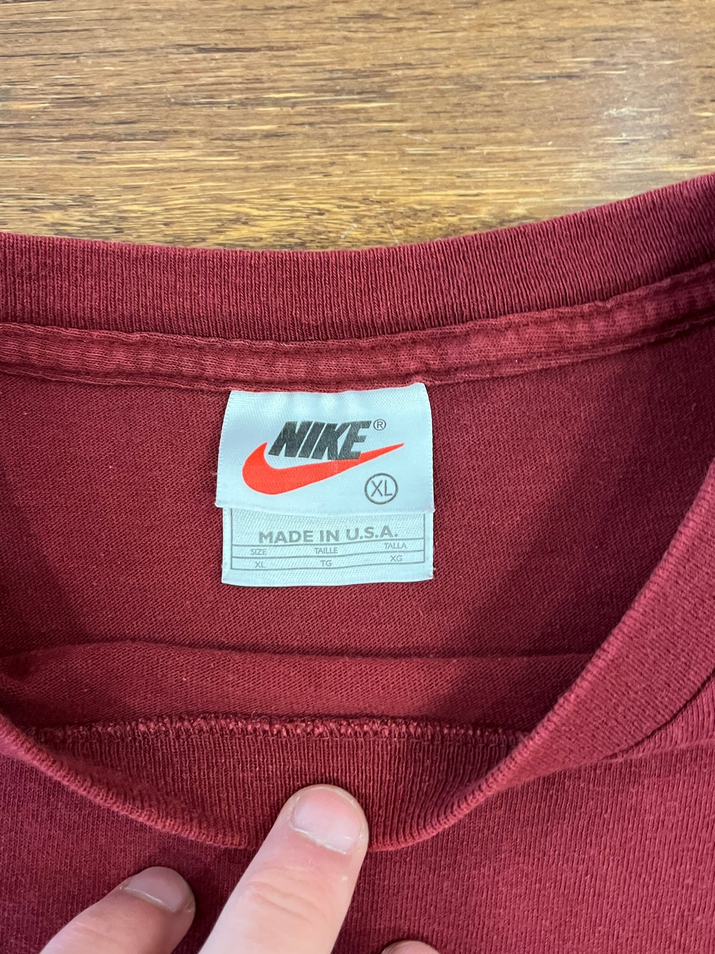 90s Nike Big Swoosh Burgundy Tee (XL)