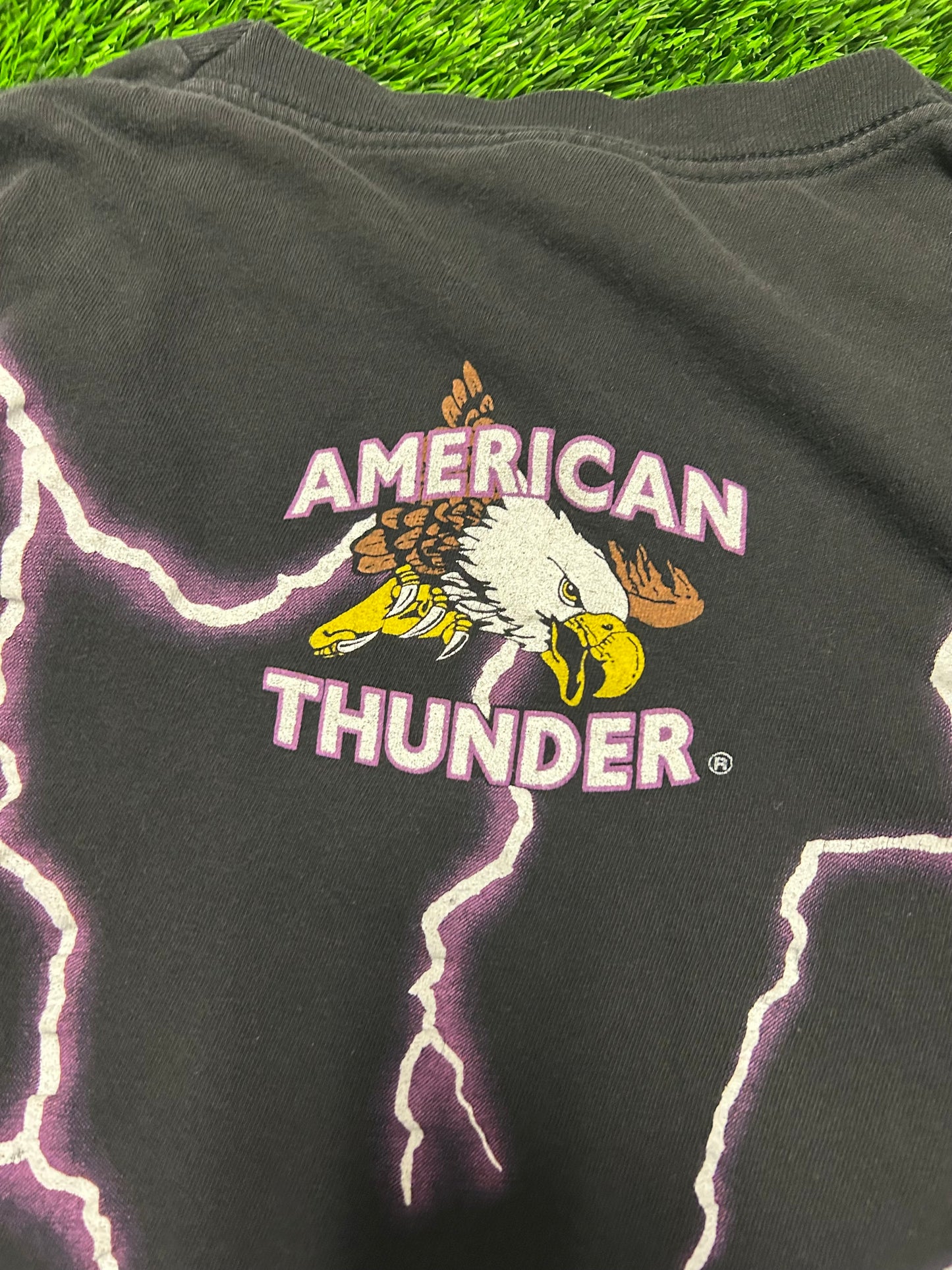 90s American Thunder Purple Lightning AOP Native Chief Forever Free Tee (L)