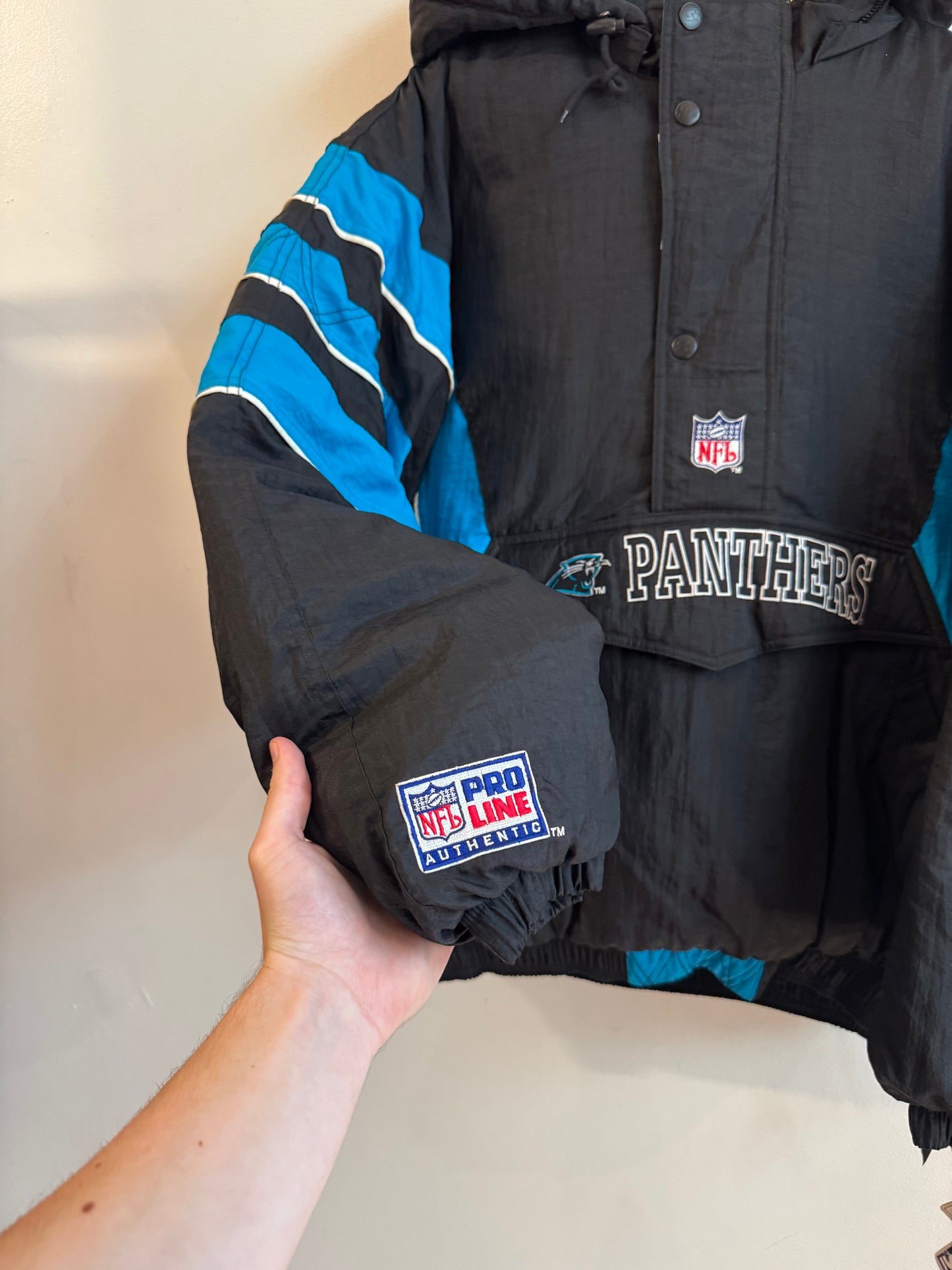 90s Carolina Panthers Starter Deadstock Hooded Puffer Jacket (XL)