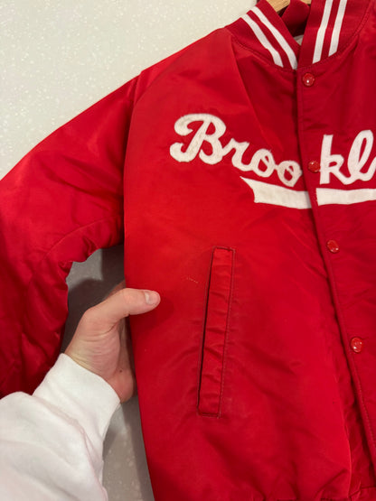 90s Brooklyn Script Red Vintage Satin Jacket (S)