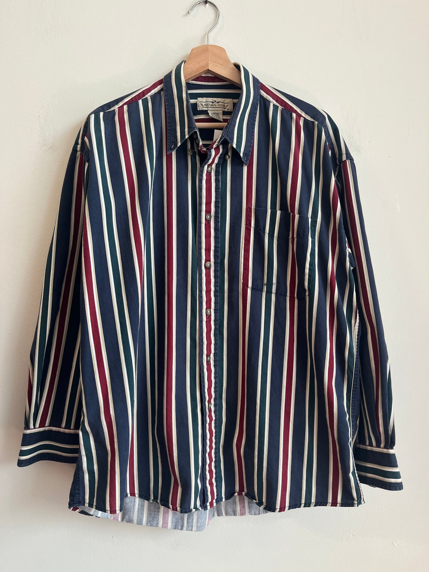 90s Natural Issue Striped Long-Sleeve Polo Dress Shirt (L)