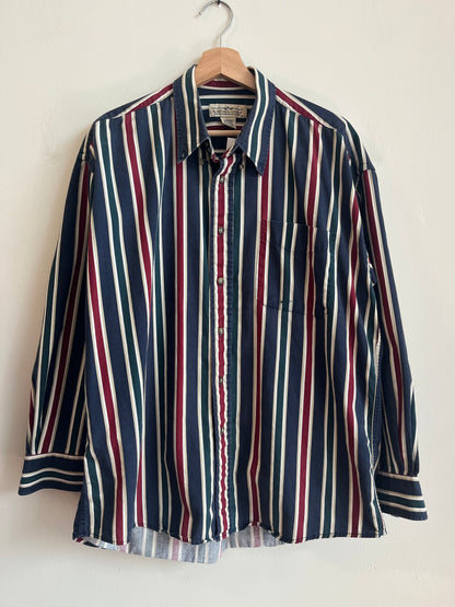 90s Natural Issue Striped Long-Sleeve Polo Dress Shirt (L)