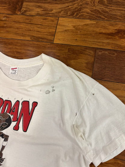 90s Michael Jordan Chicago Bulls Dunk Caricature Thrashed Vintage Cropped Tee (XL)