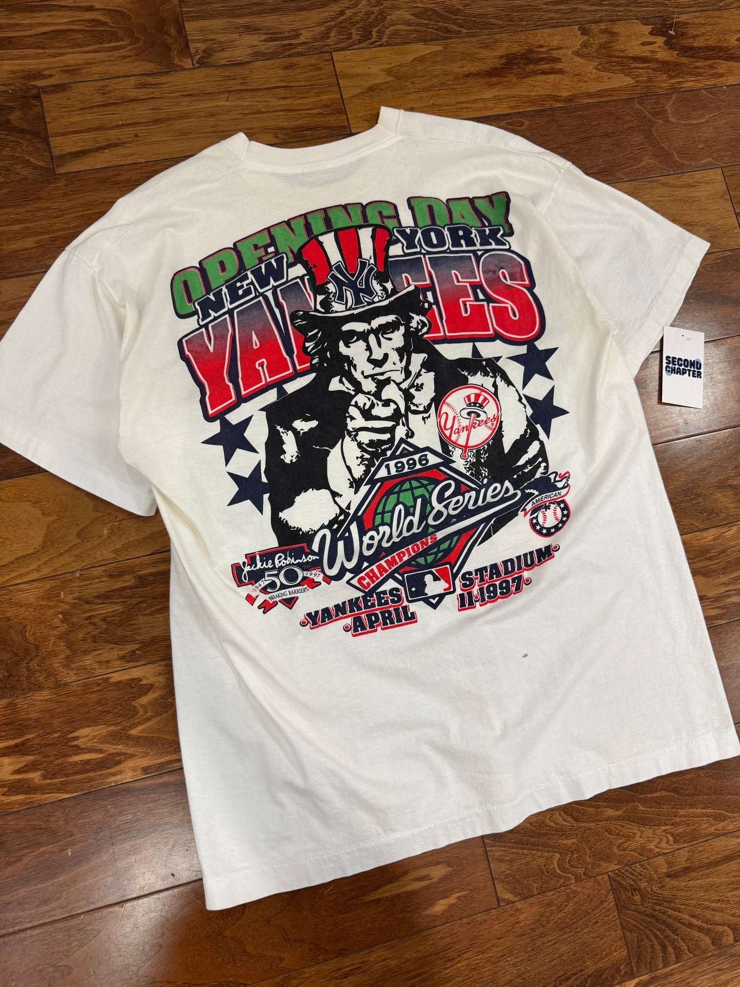 1997 NY Yankees Opening Day Uncle Sam Vintage Jackie Robinson 50th MLB Tee (XL)
