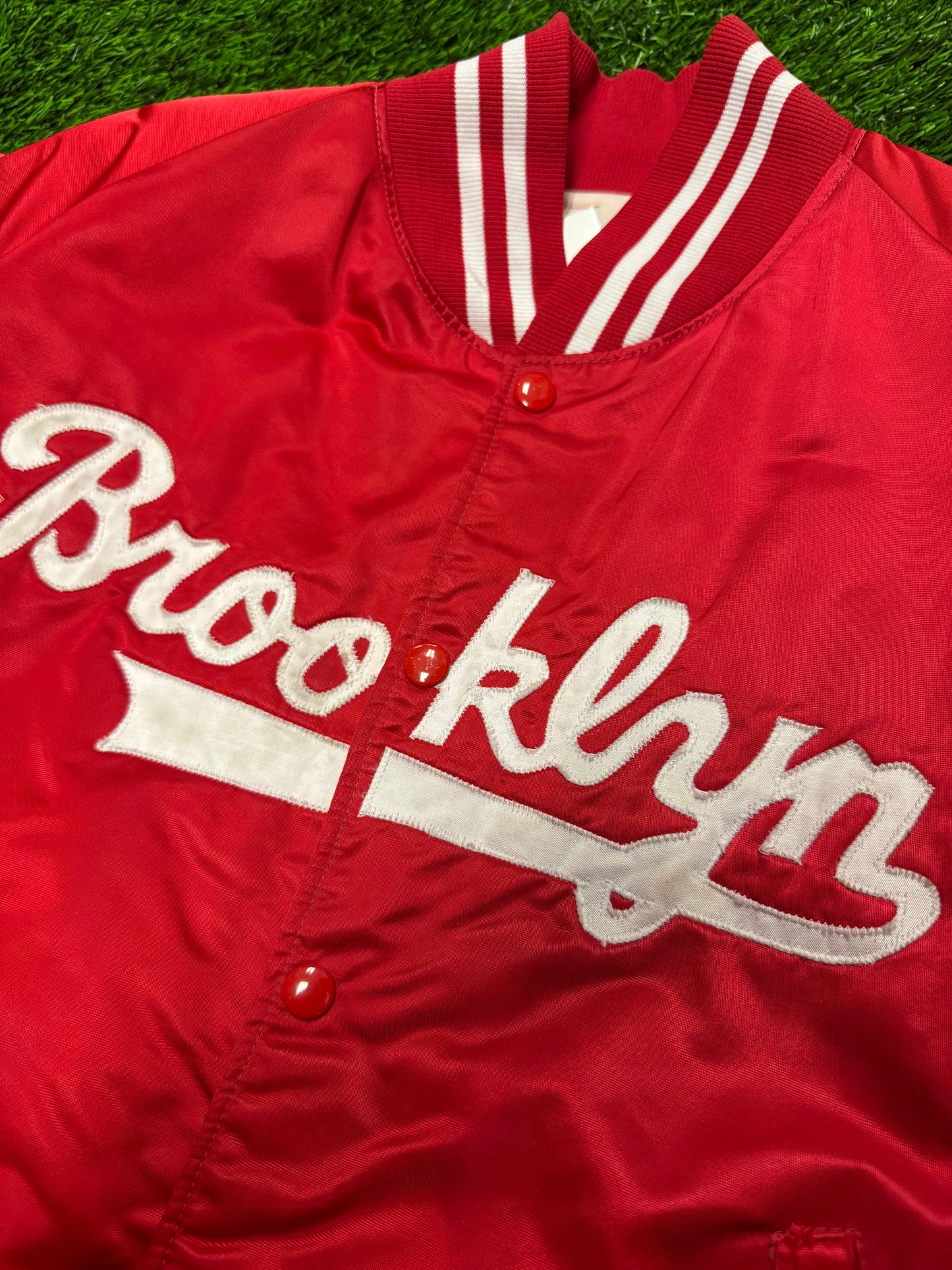 90s Brooklyn Script Red Vintage Satin Jacket (S)