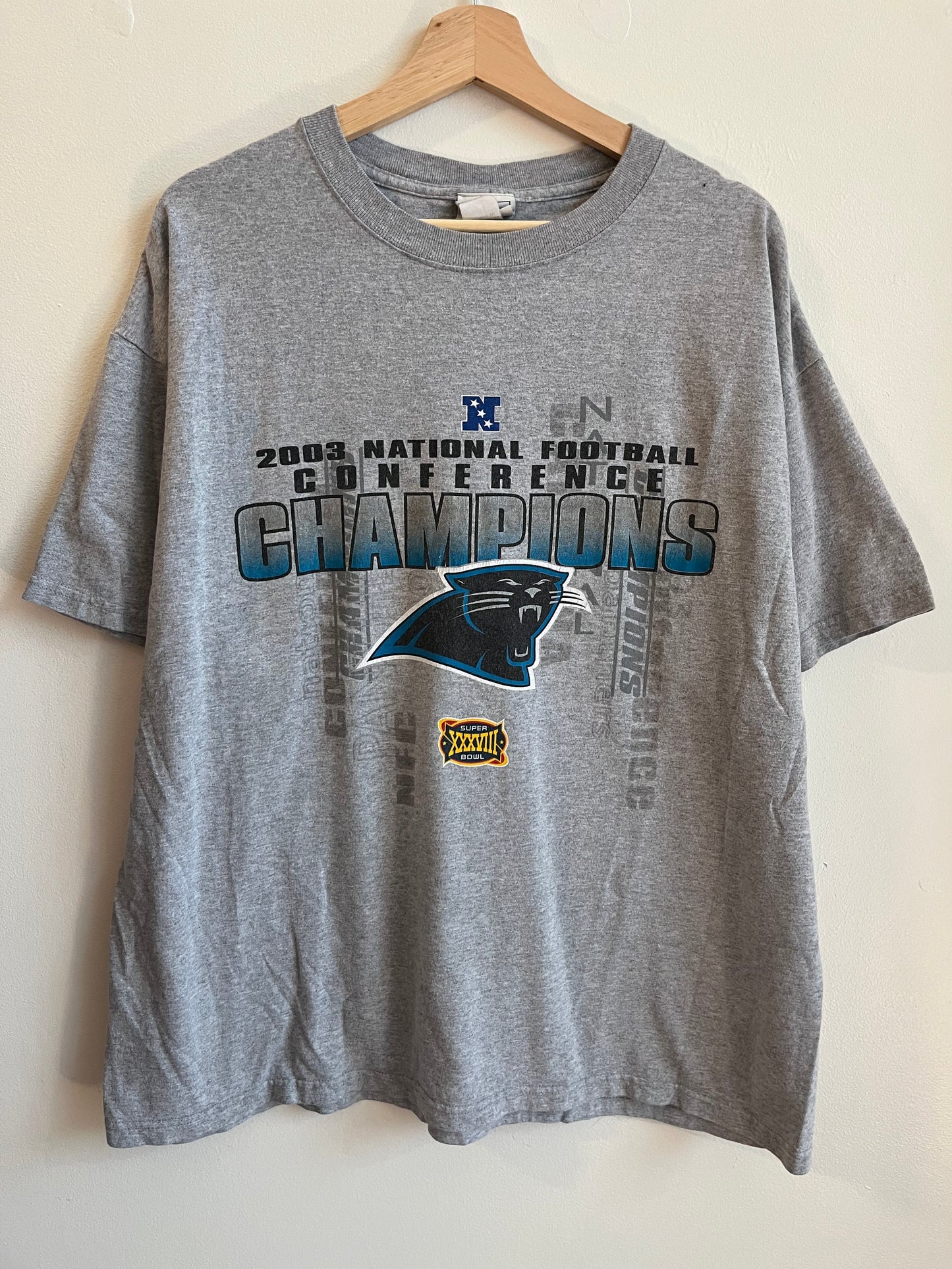 2003 Carolina Panthers Lee Sport Spell Out NFC Super Bowl Champions Grey Tee (XL)