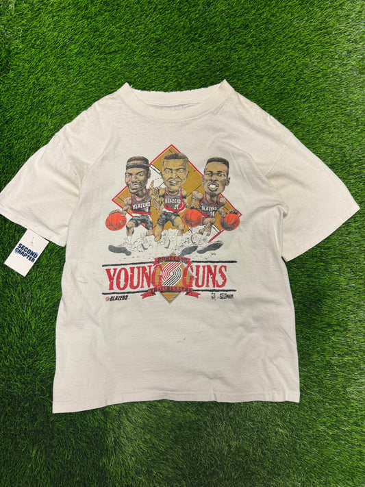 90s Vintage Portland Trail Blazers Caricature Young Guns Thrashed Tee (L)