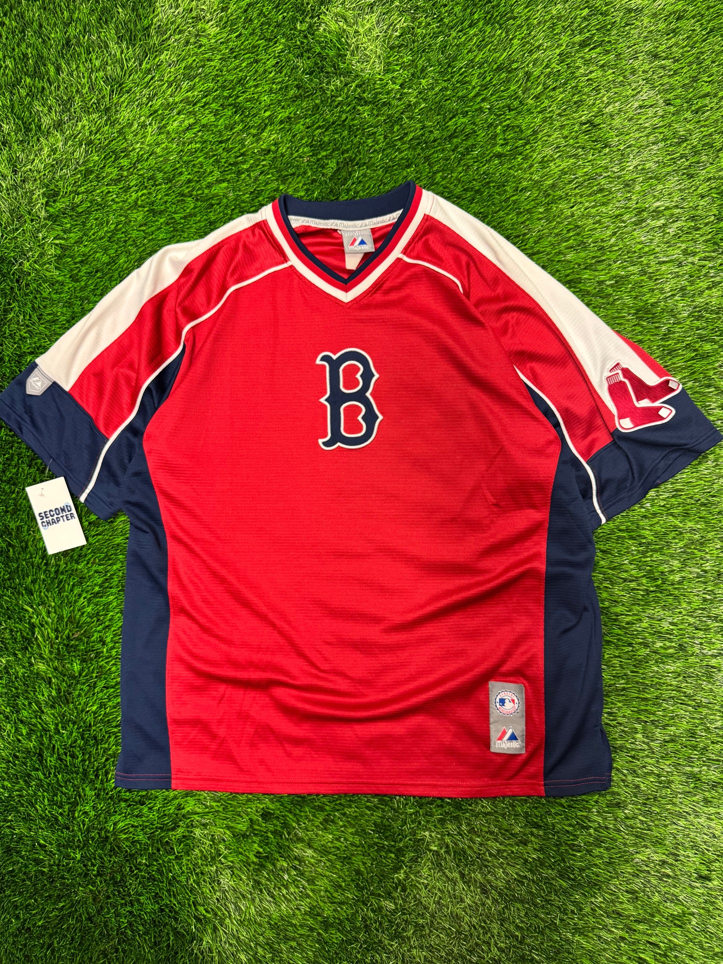 00s Boston Red Sox Red Majestics Warm Up MLB Baseball Jersey (XL)