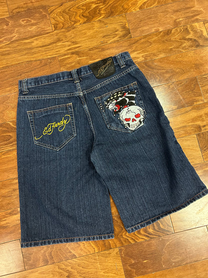 00s Ed Hardy Embroidered Jean Shorts (34)
