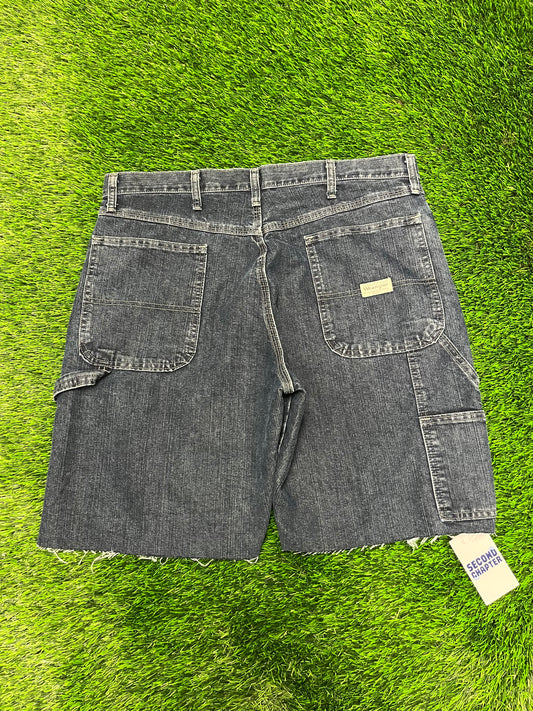 00s Wrangler Workwear Carpenter Dark Wash Cut Frayed Jean Shorts (36)