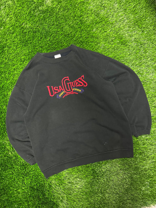 90s USA Guess Jeans Black Embroidered Crewneck (L)