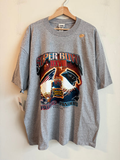 2004 Carolina Panthers vs New England Patriots Deadstock Super Bowl Flames Tee (XXL)