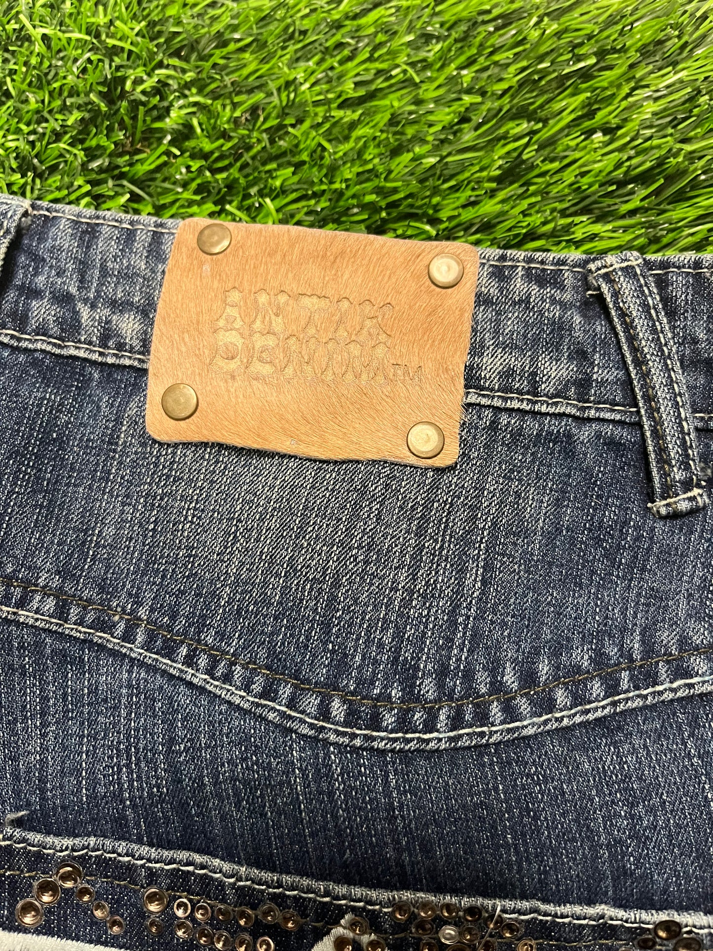 00s Antik Denim Rhinestone Baggy Dark Blue Jeans (38 x 34)