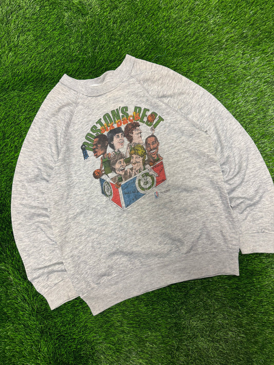 1986 Boston Celtics "Boston's Best Six Pack" Grey Vintage Bassett-Walker NBA Caricature Crewneck (L)