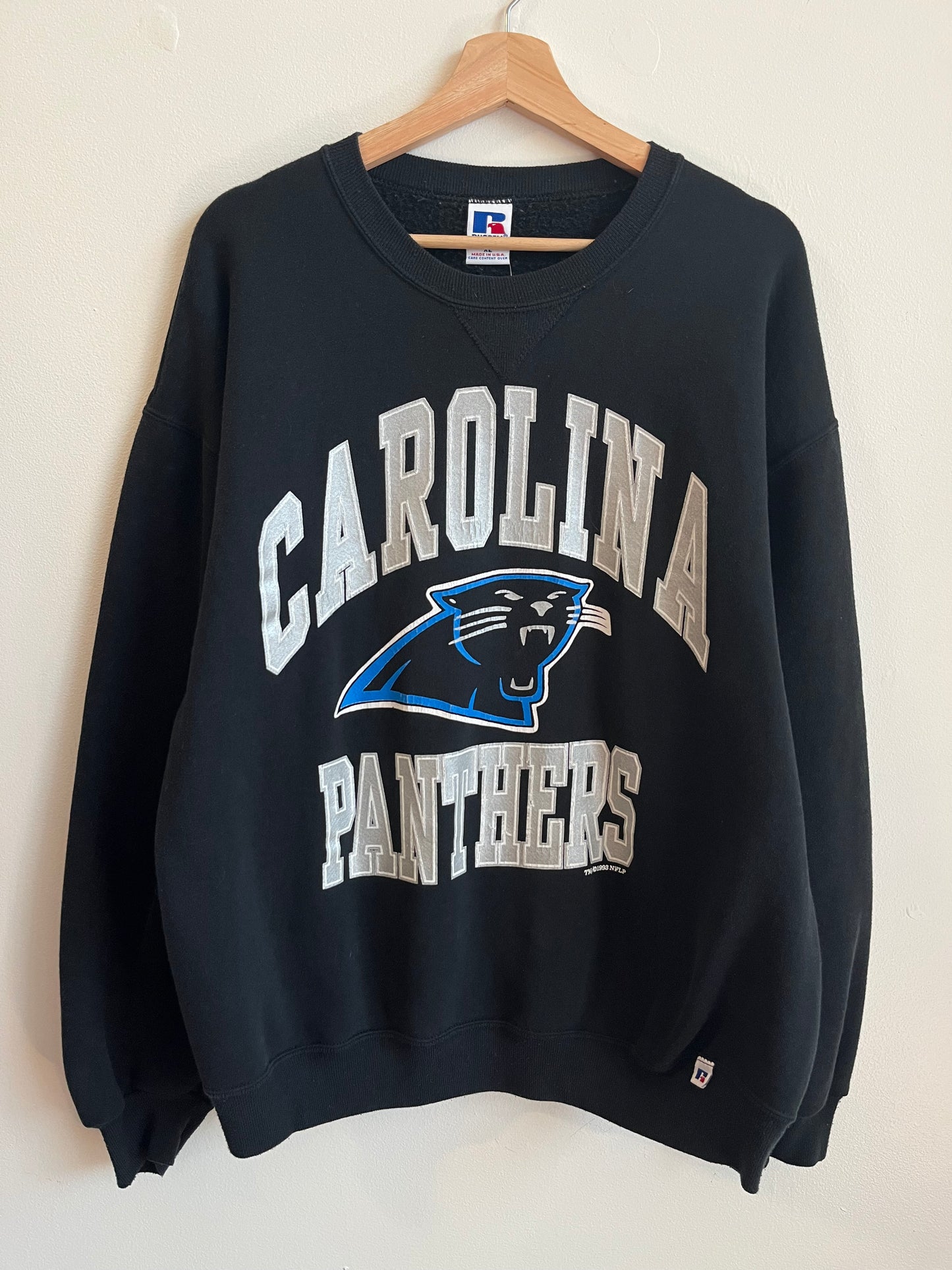 1993 Carolina Panthers Russell Big Spell Out Black Crewneck (XL)