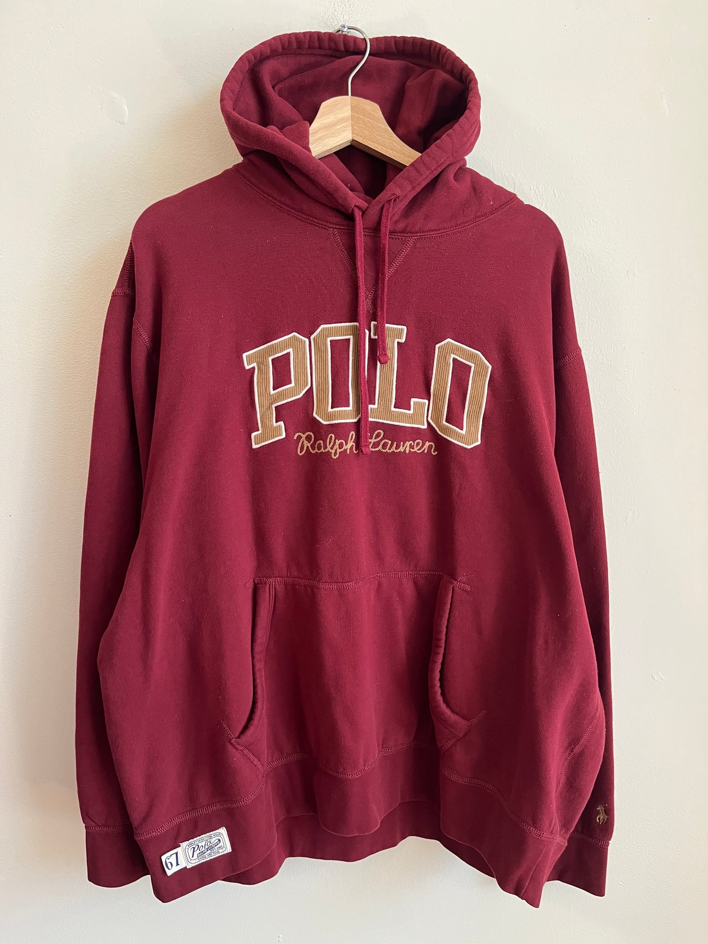 2010s Polo Ralph Lauren Corduary Spell Out Burgundy Hoodie (XXL)