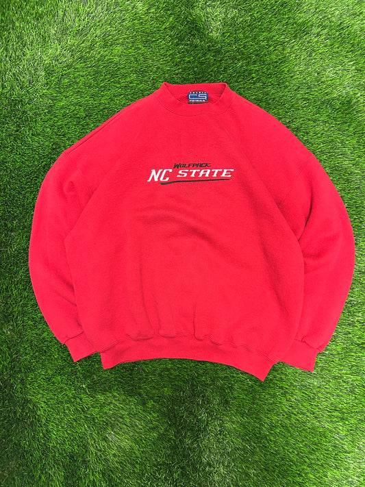 90s NC State University (NCSU) Embroidered Red Fleece Crewneck (XL)