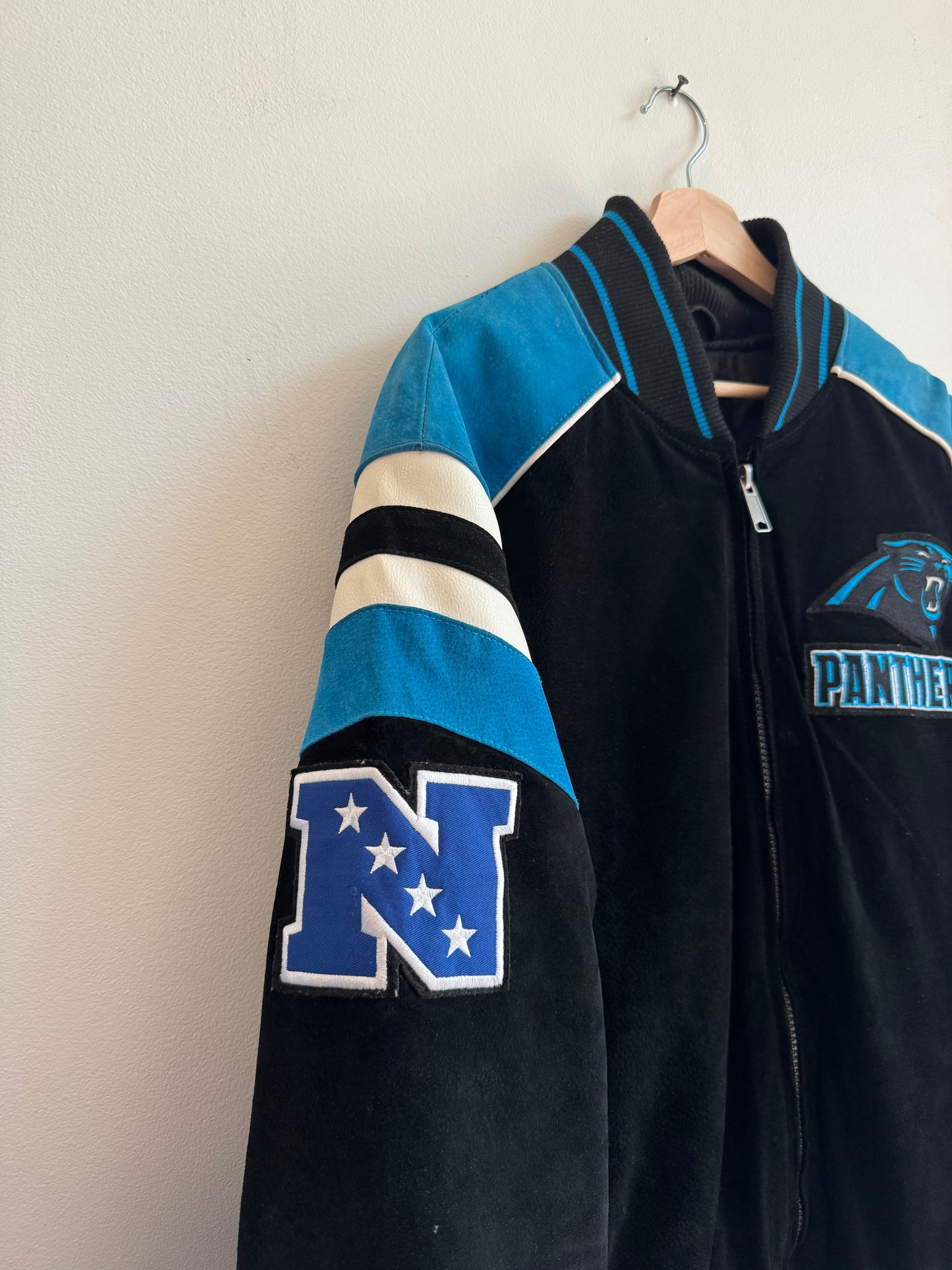 00s Carolina Panthers Suede Embroidered Patched NFL Jacket (XXL)