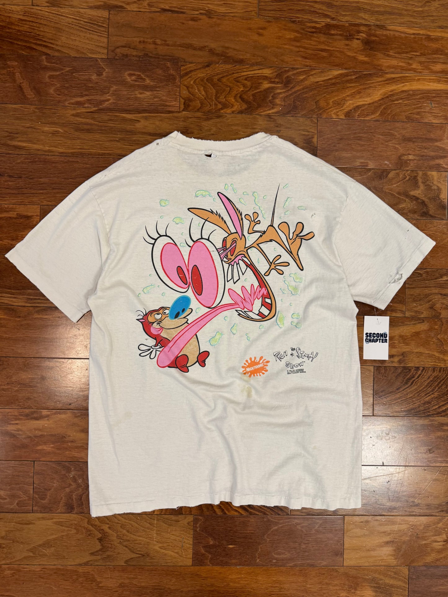 1991 Ren + Stempy Show Nicktoons Thrashed Vintage Cartoon Tee (XL)