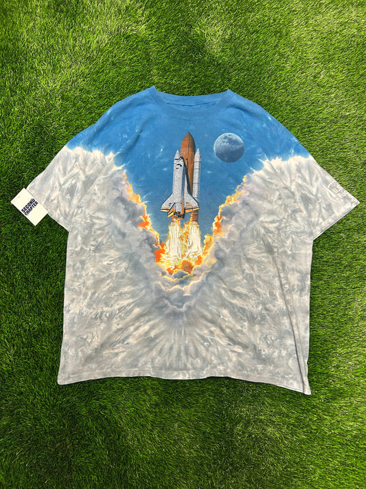 90s Boeing AOP Rocket Endeavor Space Shuttle Vintage Liquid Blue Tie Dye Tee (XXL)