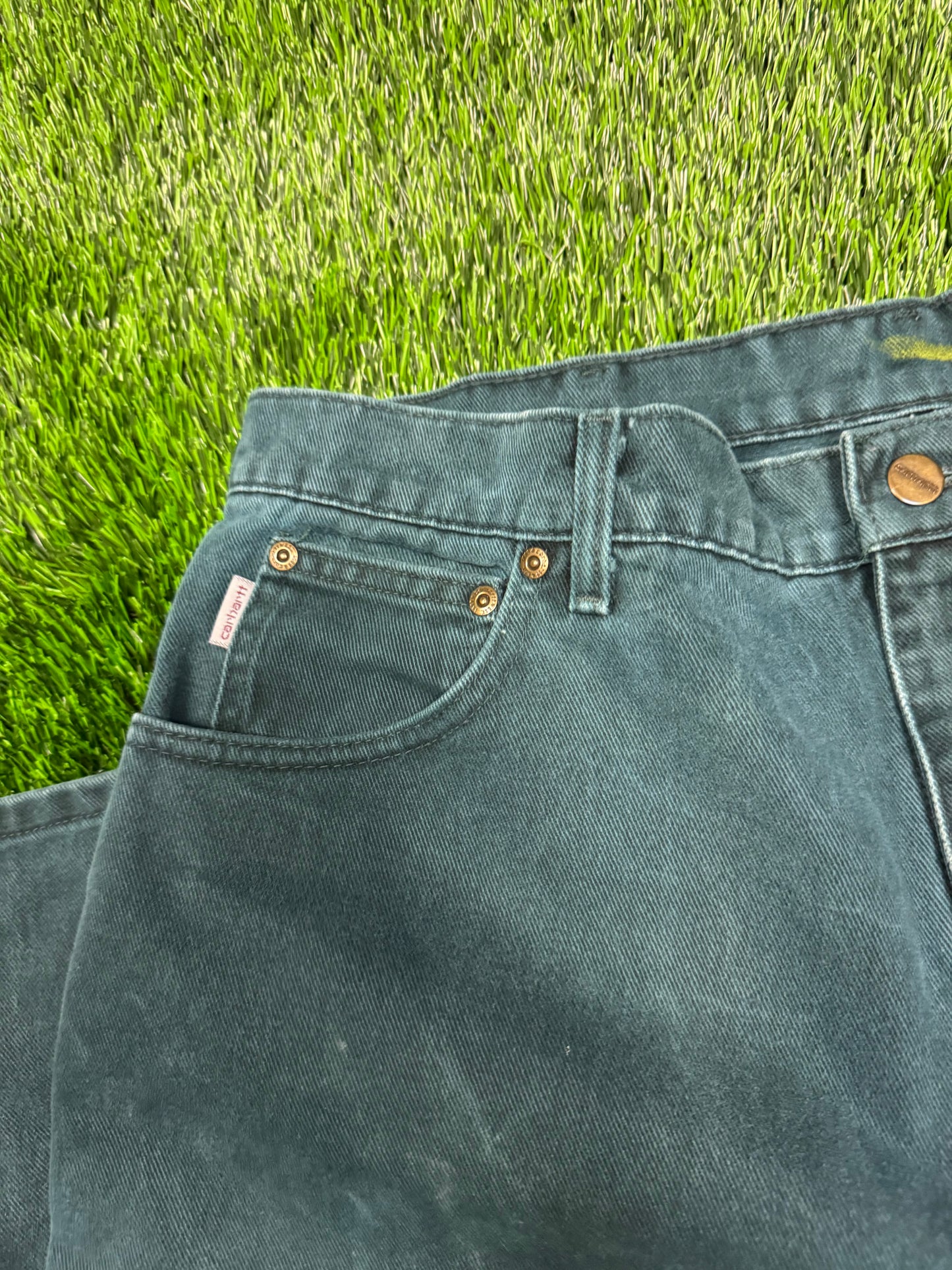1999 Rare Carhartt B22HTG "Teal/Hunter Green" Denim Pants (38 x 30)