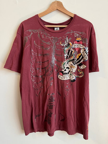 00s Ed Hardy Christian Audigier Skeleton Burgundy Tee (XL)