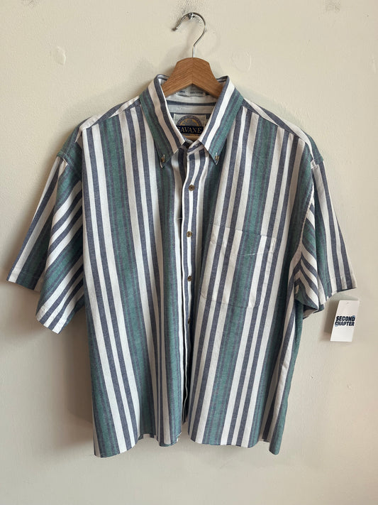 90s Savane Striped Button Up Essential Polo Shirt (L)