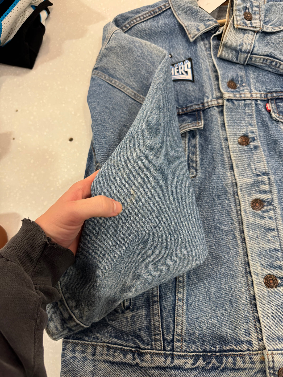 90s Carolina Panthers Light Washed Custom Levi Jacket (L)
