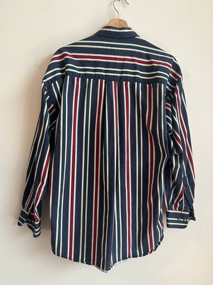 90s Natural Issue Striped Long-Sleeve Polo Dress Shirt (L)