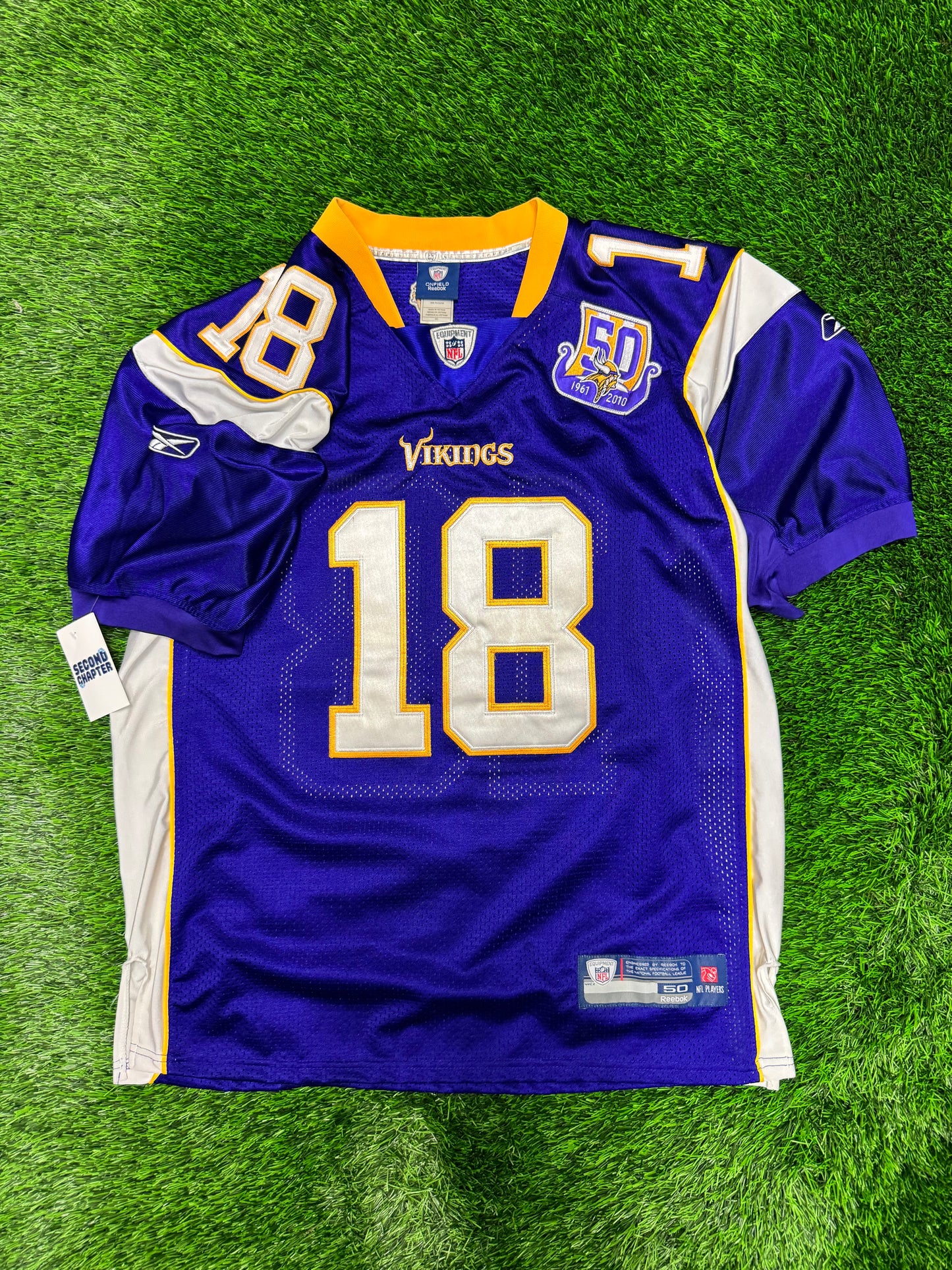 2010 Vikings Sidney Rice 50 Year Patch Stitched #18 Reebok Jersey (L)