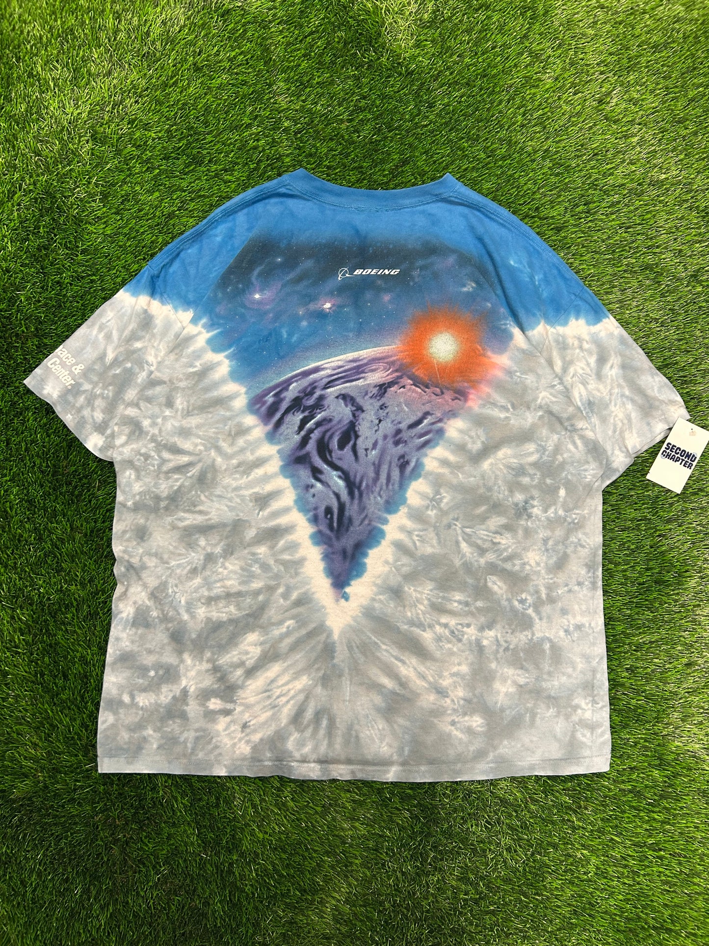 90s Boeing AOP Rocket Endeavor Space Shuttle Vintage Liquid Blue Tie Dye Tee (XXL)