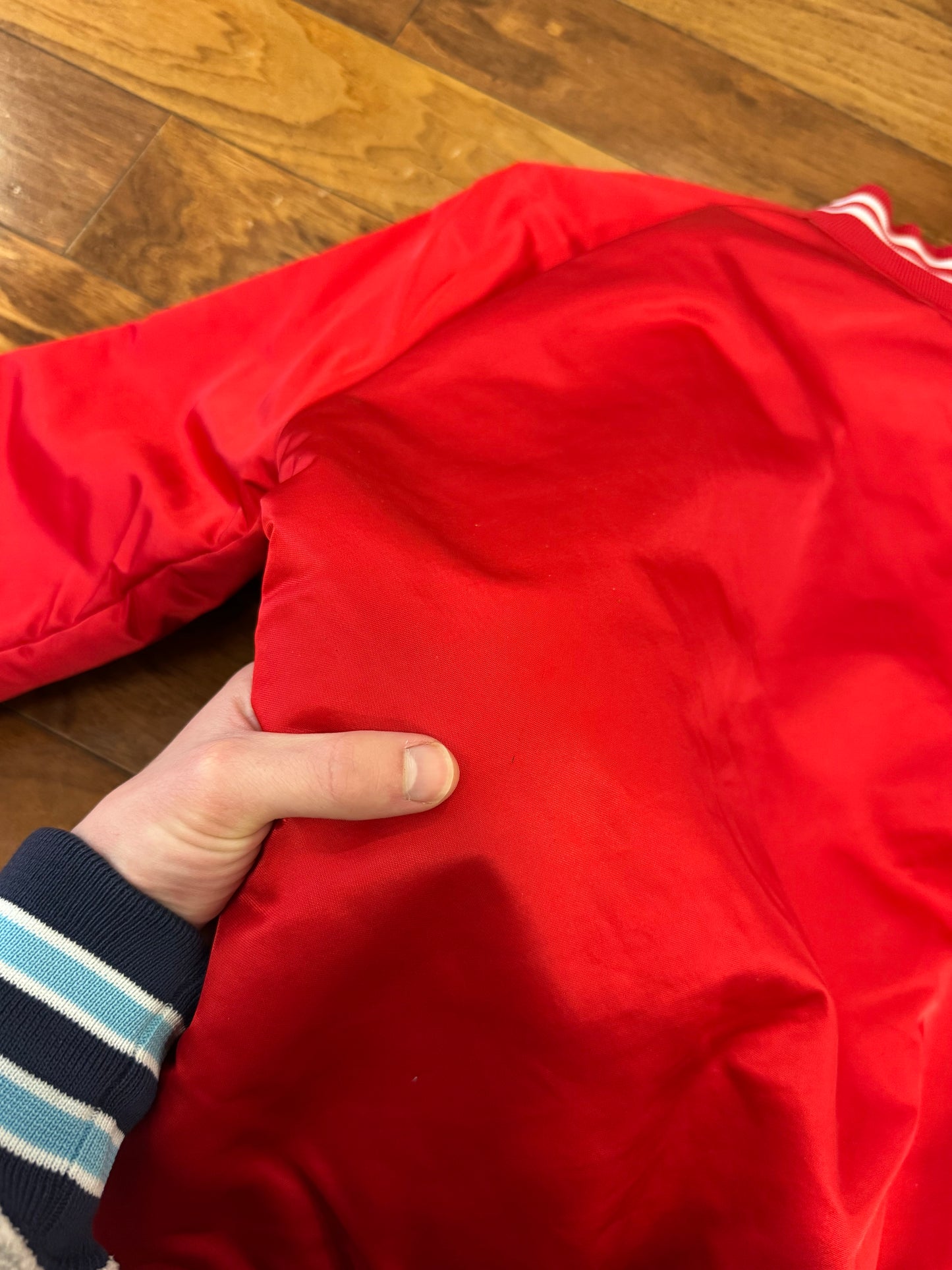 90s Brooklyn Script Red Vintage Satin Jacket (S)