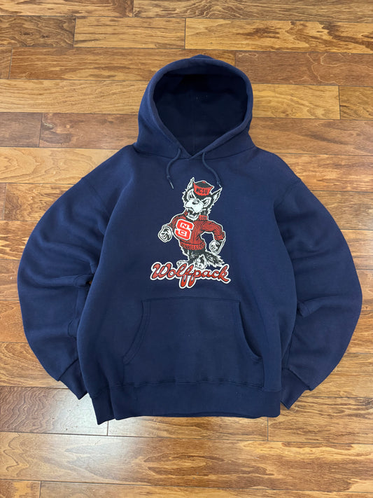 Vintage NC State University (NCSU) Wolfpack Navy Mascot Hoodie (L)