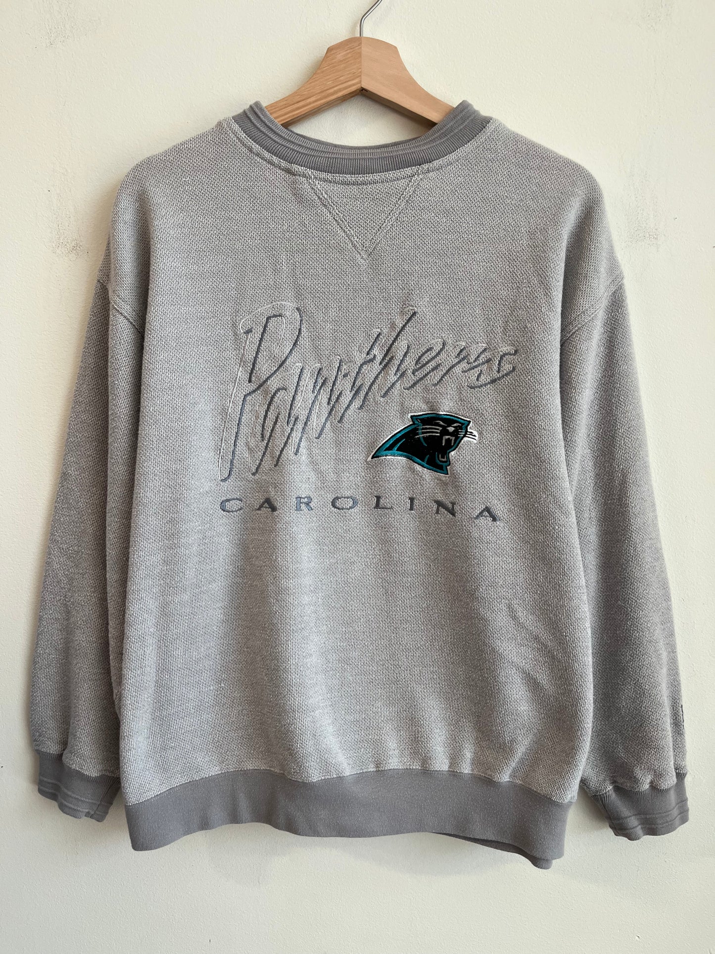 1990s Carolina Panthers Grey Embroidered Spell Out Rare Crewneck (L)