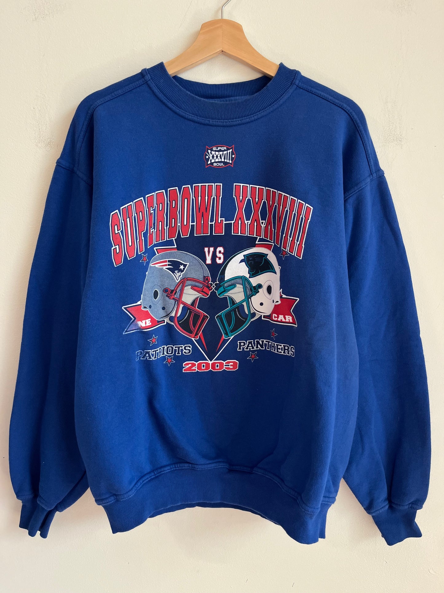 2003 Patriots v Panthers Blue Super Bowl Crewneck (L)