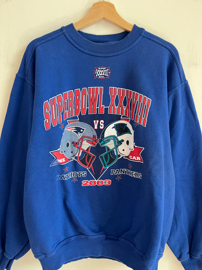 2003 Patriots v Panthers Blue Super Bowl Crewneck (L)
