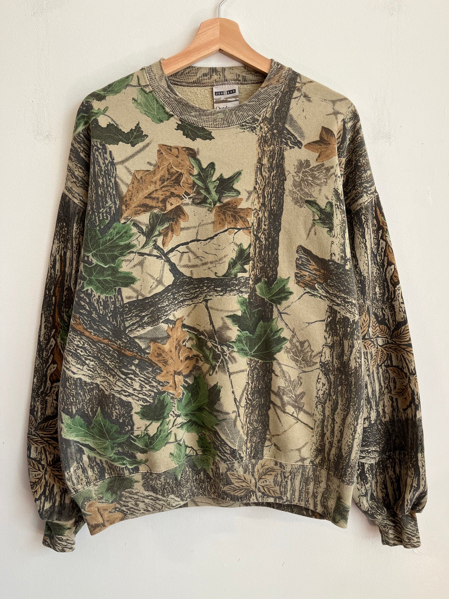 90s Jerzees Outdoors Faded Camo Crewneck (XL)