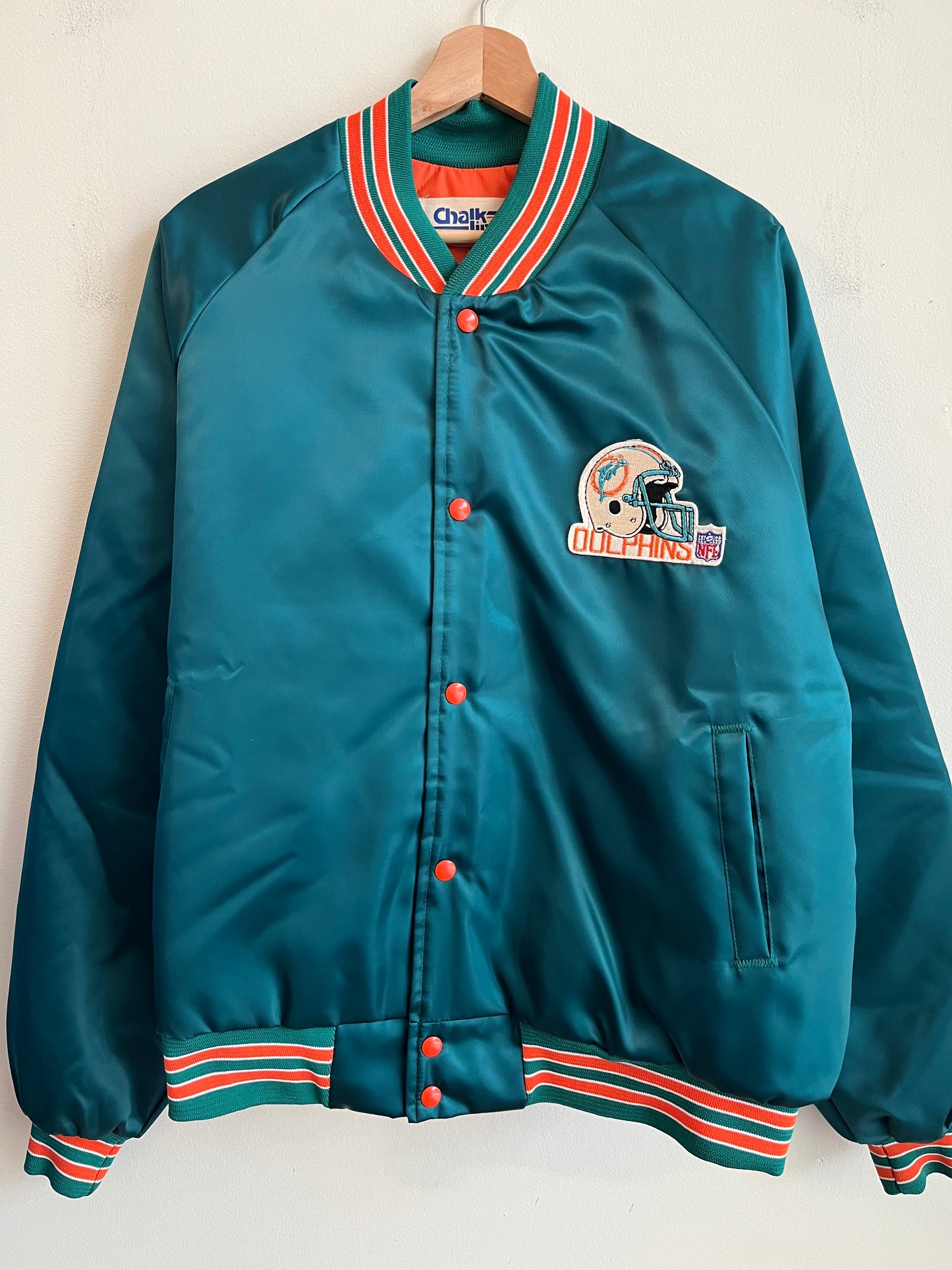 90s Miami Dolphins Chalk Line Teal Satin Jacket (XL)