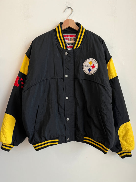 90s Pittsburgh Steelers Nutmeg Varsity Style Puffer Jacket (L)
