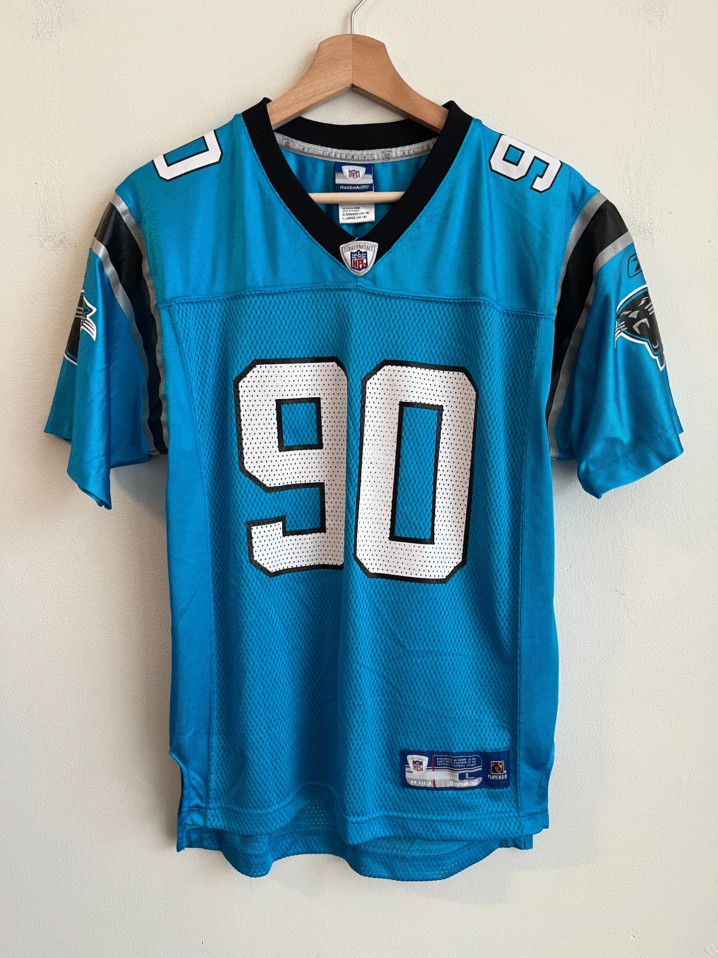 2000s Carolina Panthers Julius Peppers Electric Blue Jersey (Youth L)