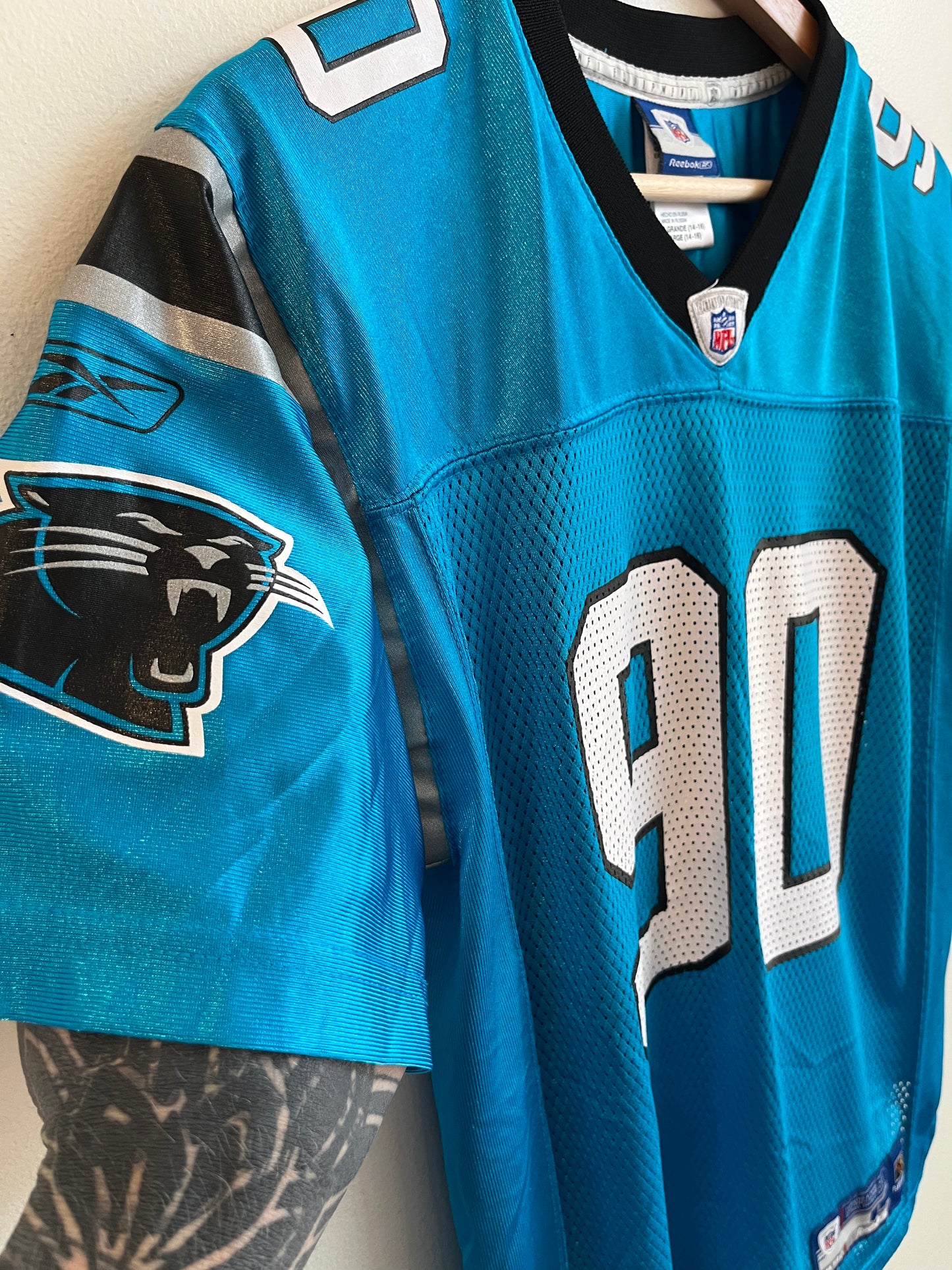 2000s Carolina Panthers Julius Peppers Electric Blue Jersey (Youth L)