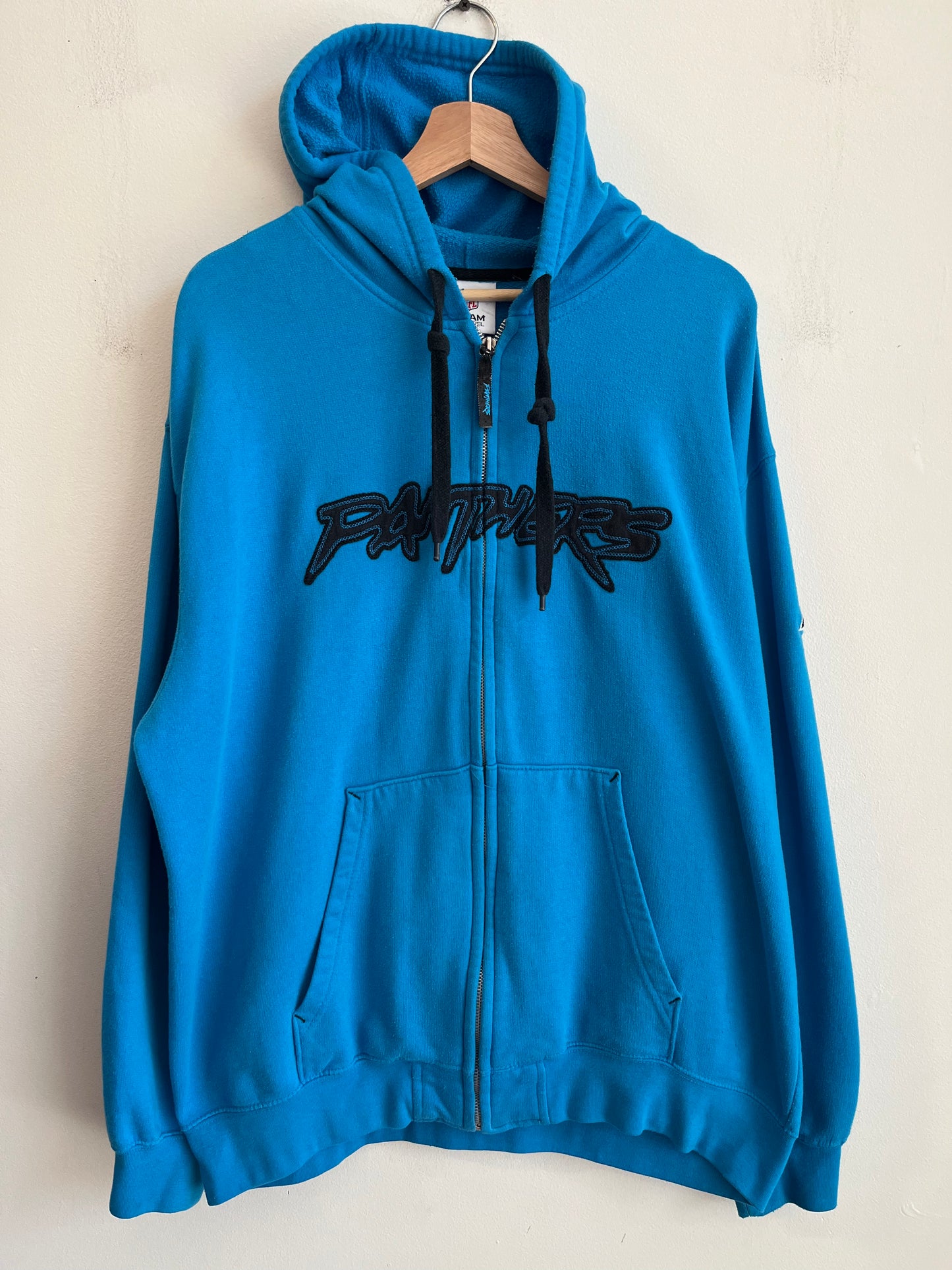 00s Carolina Panthers Cat Scratch Spell Out Electric Blue Full Zip Hoodie (XL)