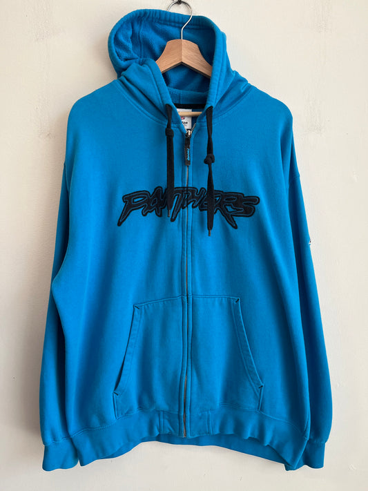 00s Carolina Panthers Cat Scratch Spell Out Electric Blue Full Zip Hoodie (XL)