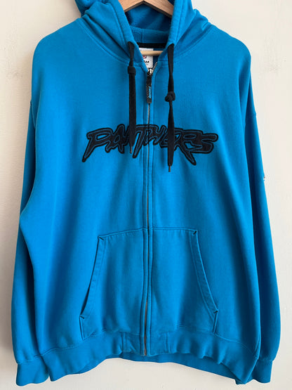 00s Carolina Panthers Cat Scratch Spell Out Electric Blue Full Zip Hoodie (XL)