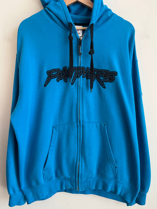 00s Carolina Panthers Cat Scratch Spell Out Electric Blue Full Zip Hoodie (XL)